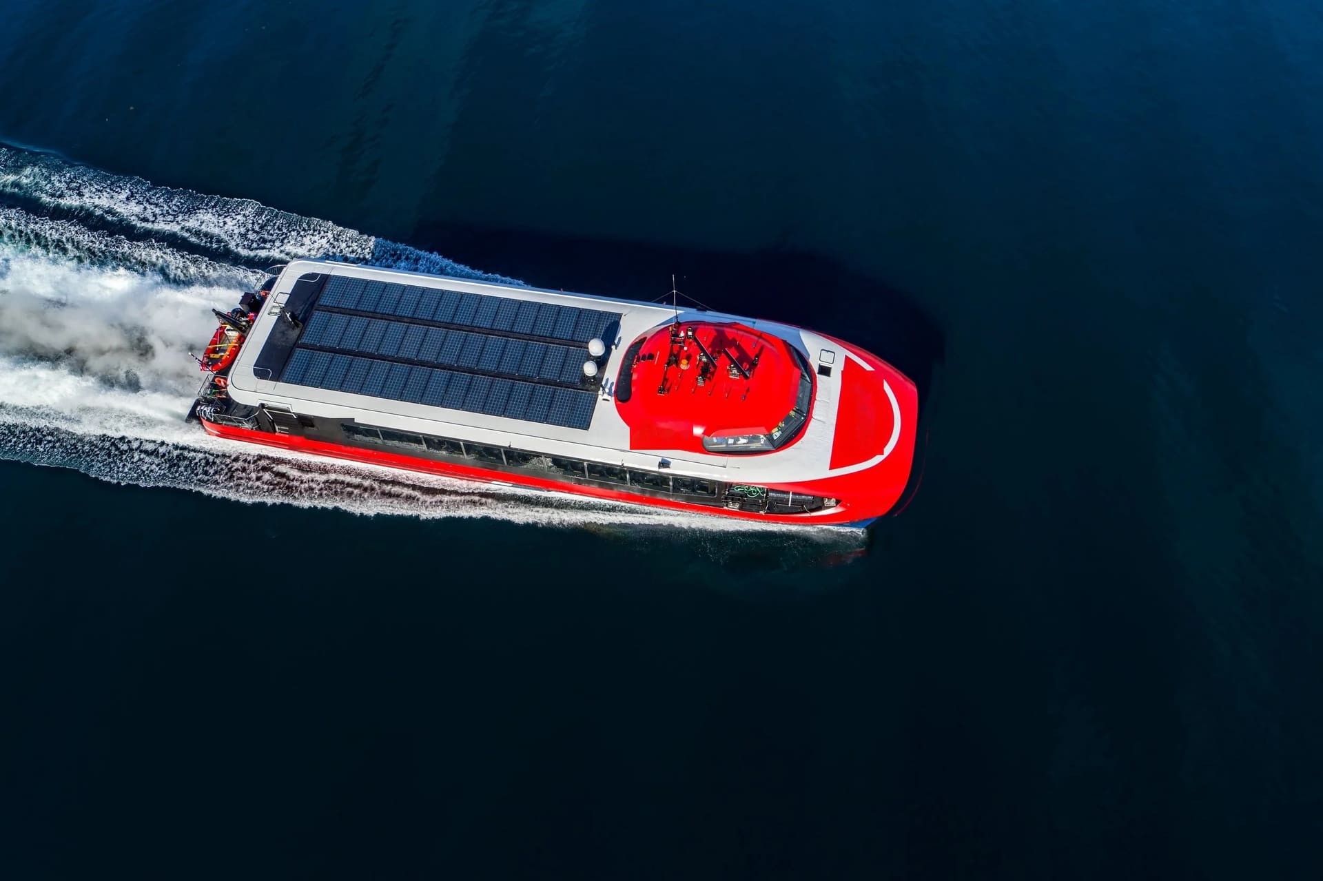 Top aerial view of OBLUE AERO 36 showing solar panels on the roof