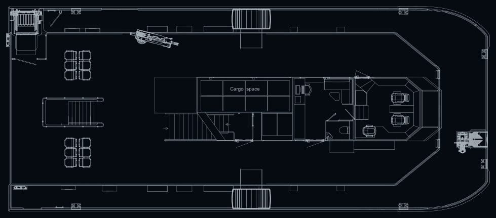 OBLUE FERRY 26H general arrangement — upper deck with wheelhouse, cargo space and sundeck