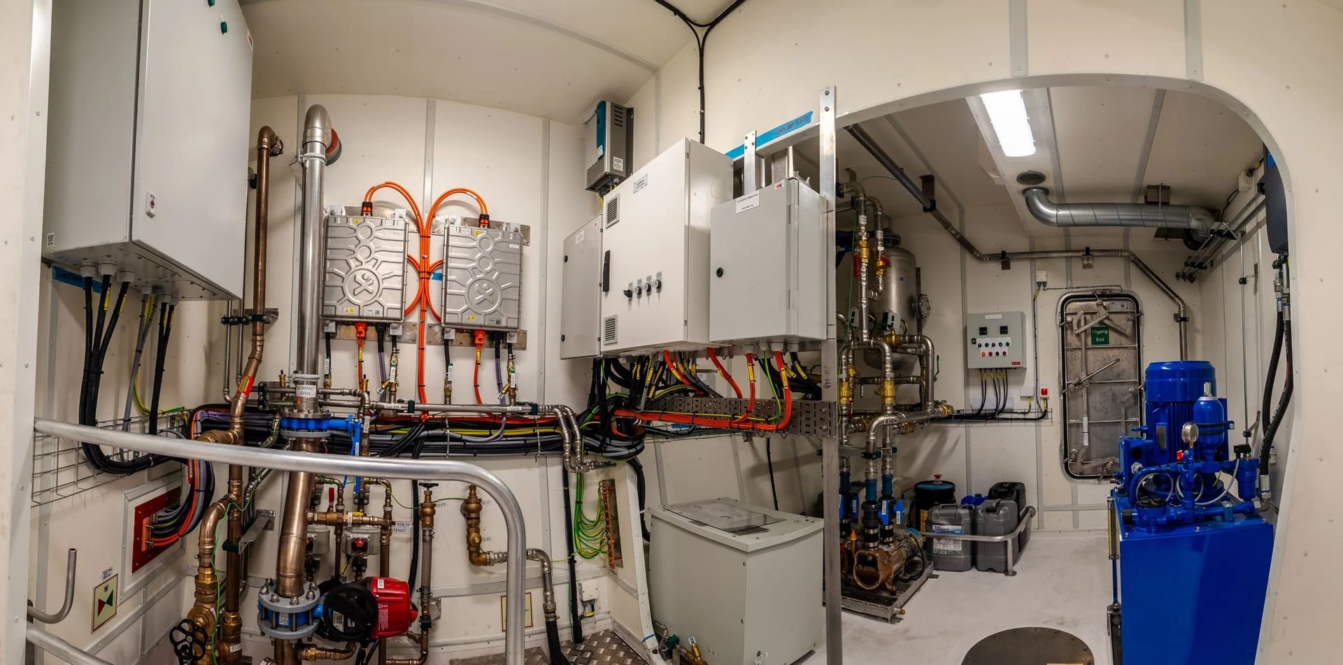 Electrical machinery room of the OBLUE FERRY 26H with frequency converters
