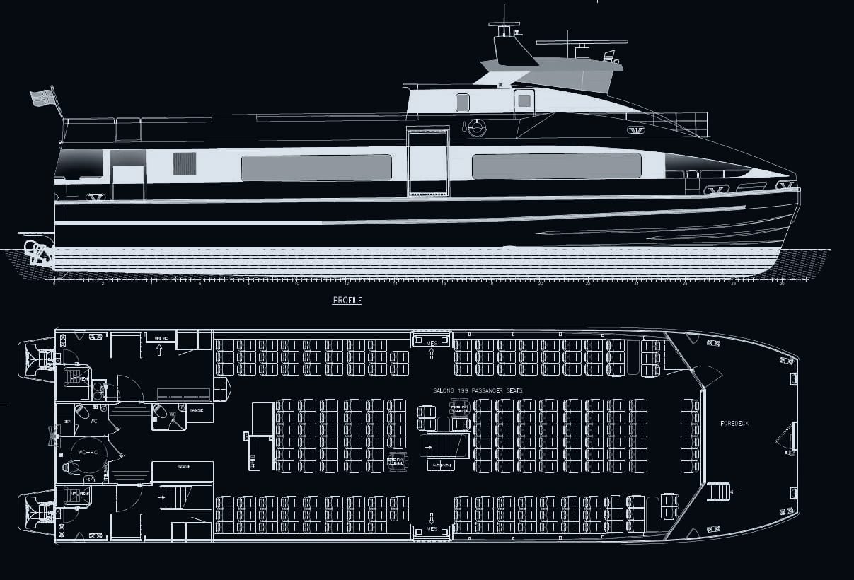 FERRY 32 profile and main-deck saloon plan — 199 passenger seats