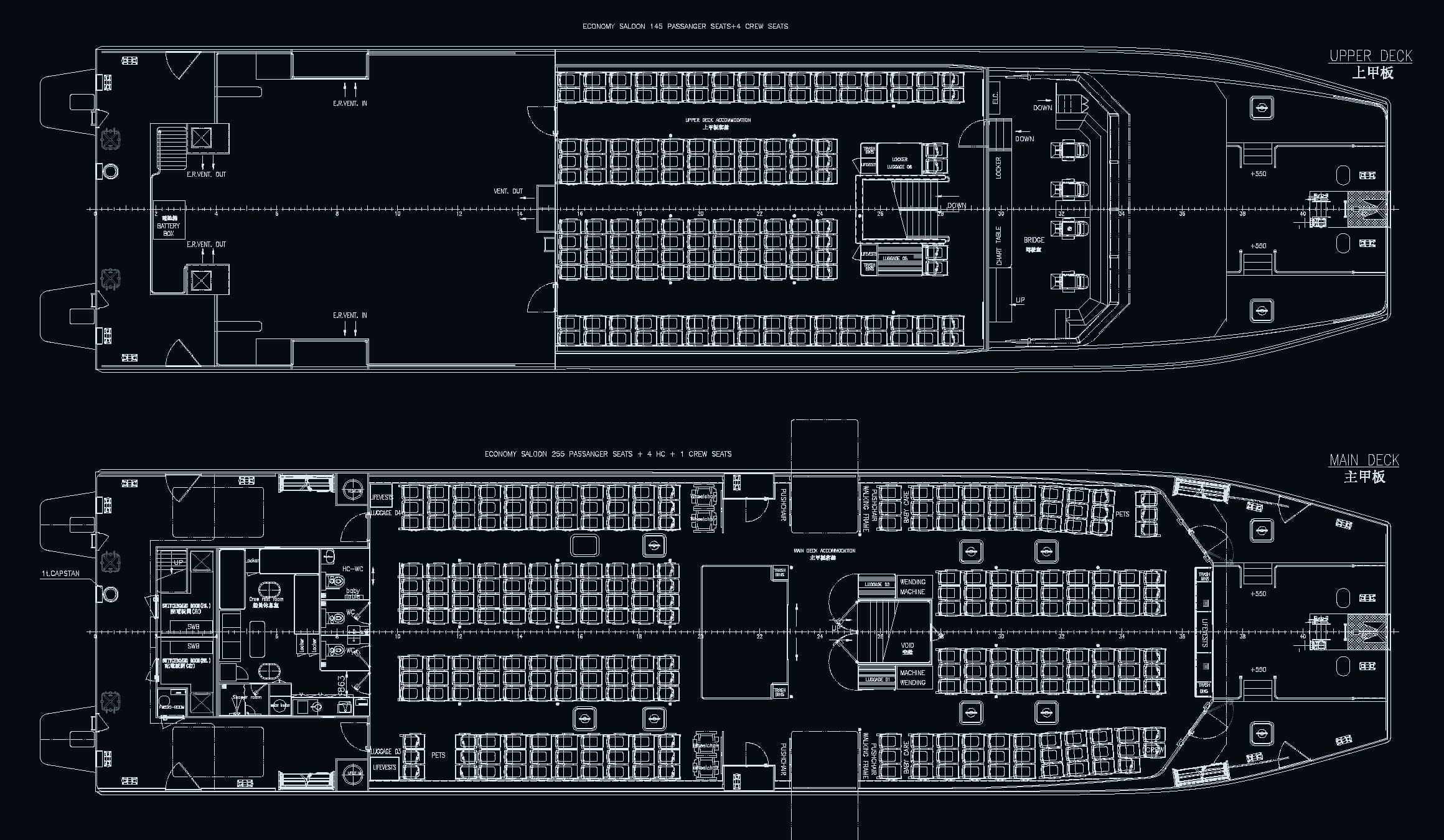 OBLUE FERRY 45 general arrangement — upper deck and main deck saloon plans