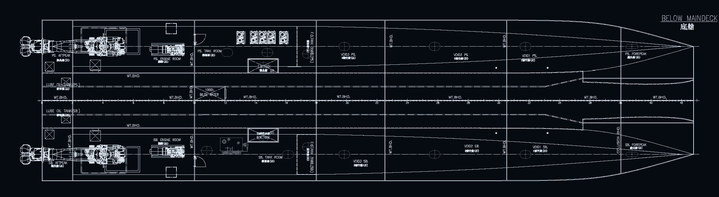 OBLUE FERRY 45 general arrangement — below maindeck engine rooms and tank layout