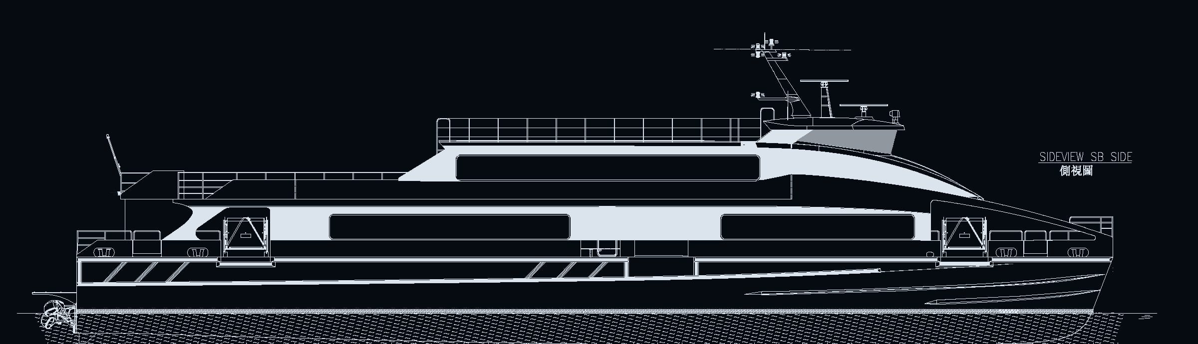 OBLUE FERRY 45 general arrangement — side view, starboard