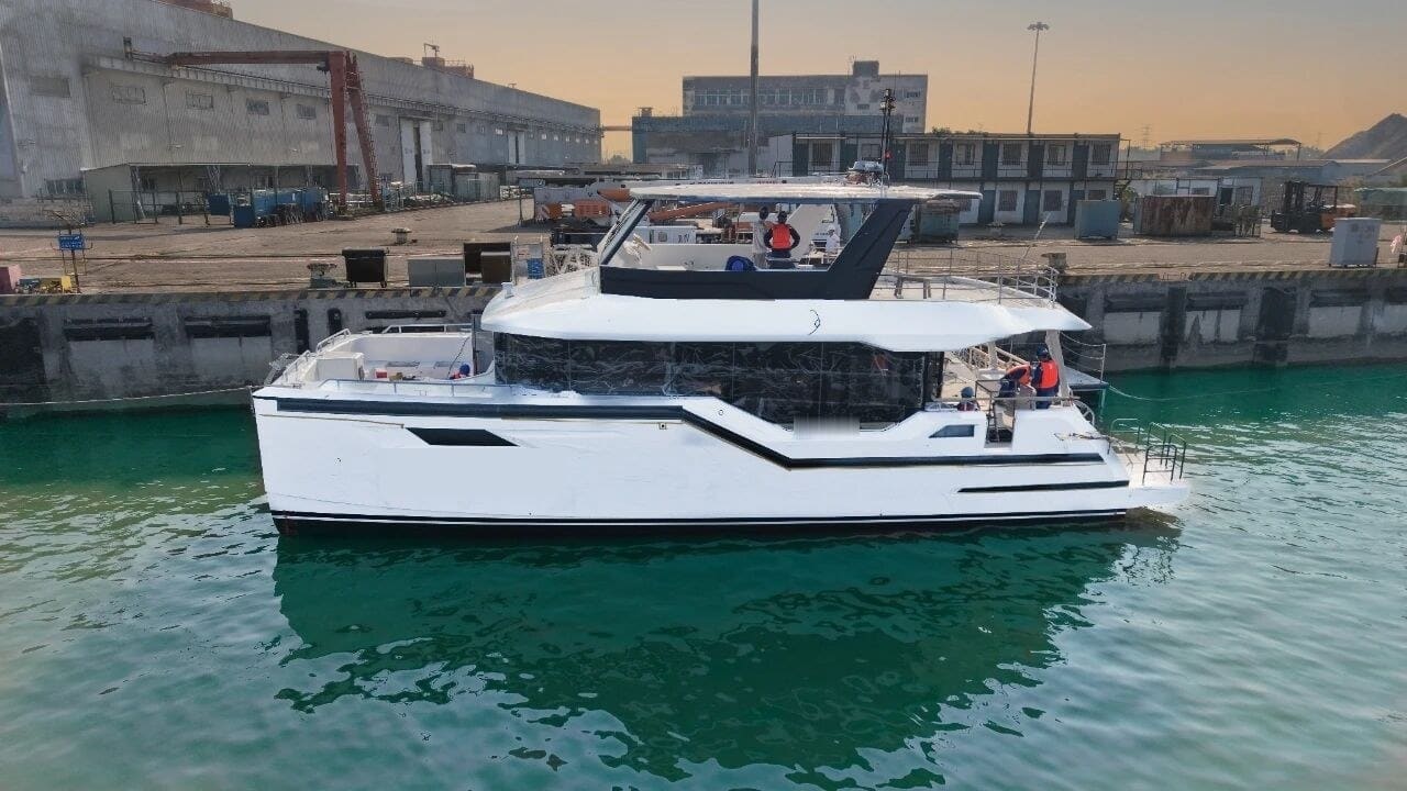 OBLUE SEASIGHT 18 starboard quarter view at the builder's quay at golden hour