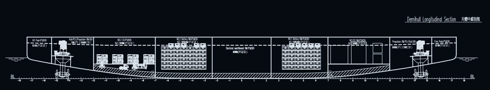 OBLUE SEASIGHT 35 general arrangement — demihull longitudinal section
