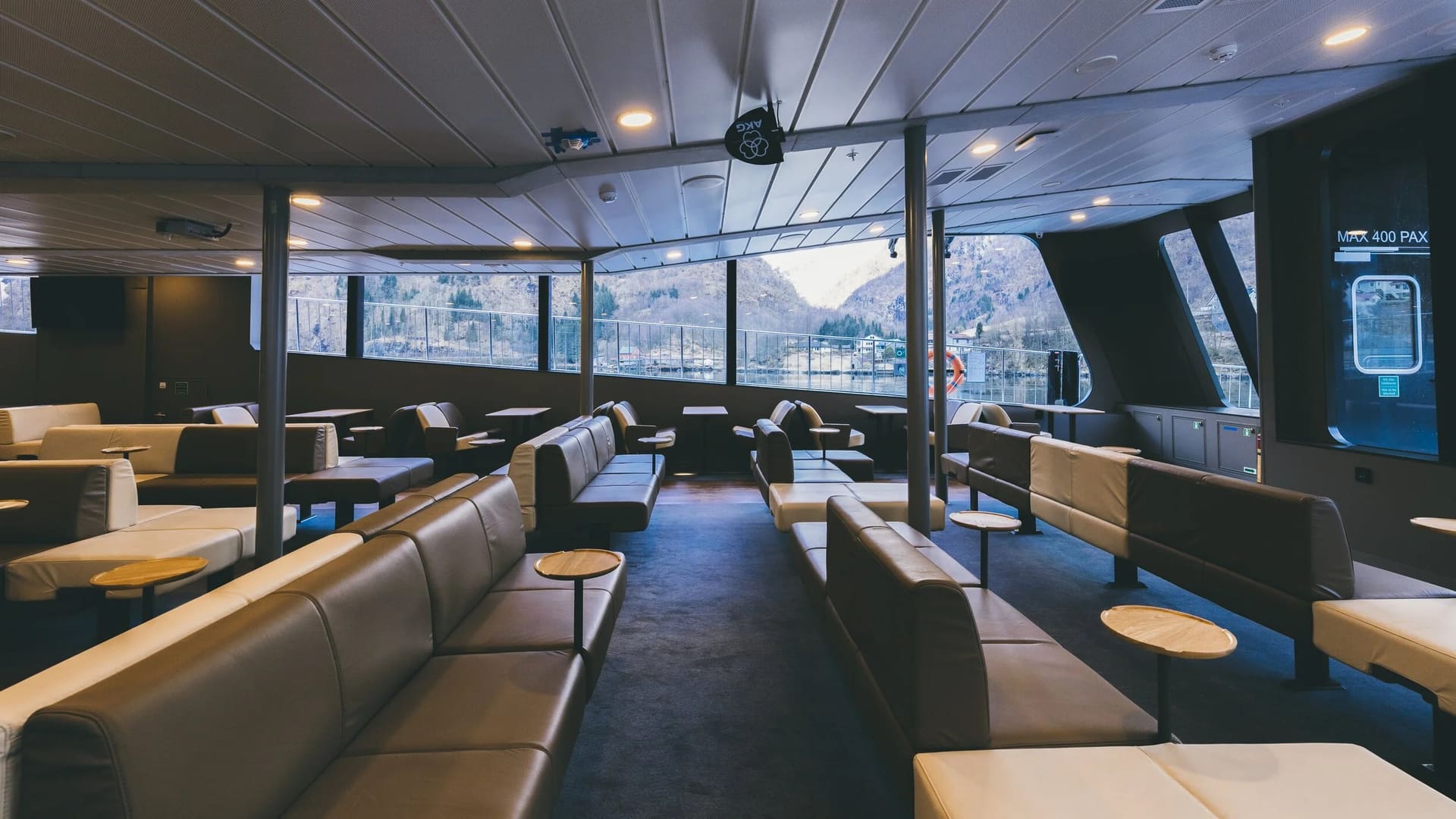 Main saloon of the SEASIGHT 42 with panoramic glazing and lounge seating