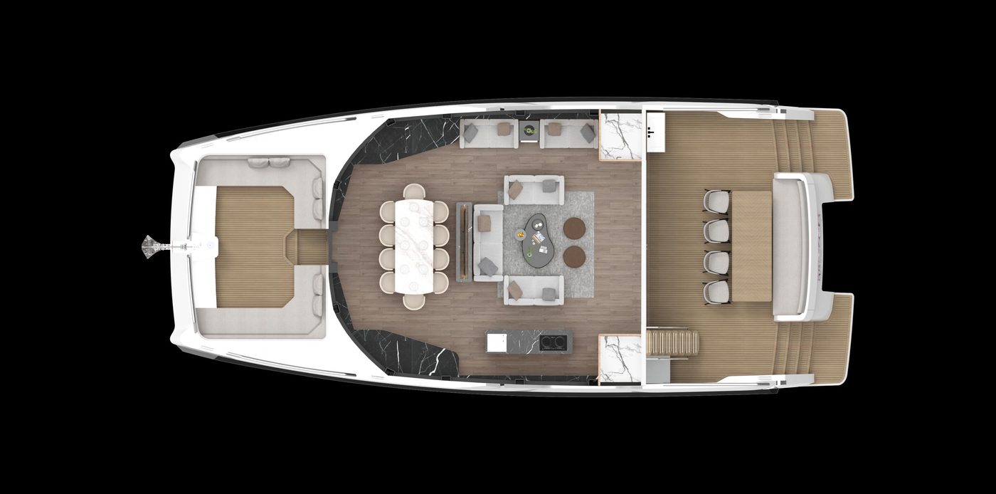 Main deck plan with salon, dining and galley layout