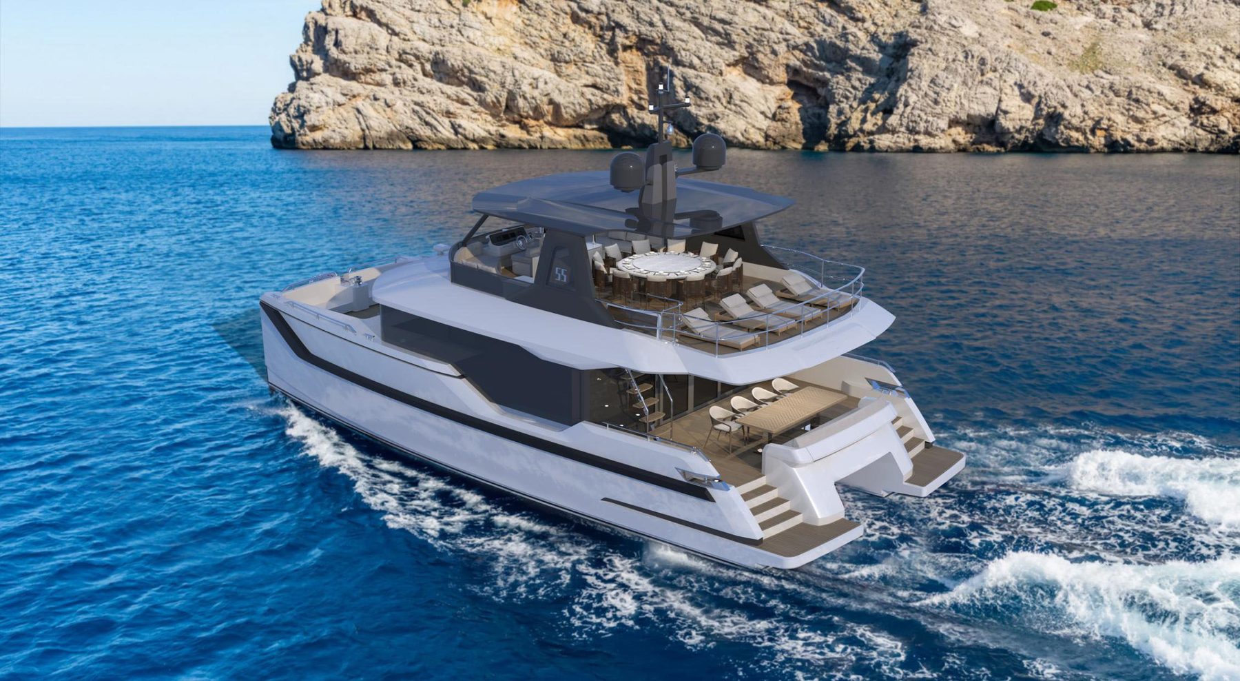 Panoramic salon interior of the OBLUE 55FT