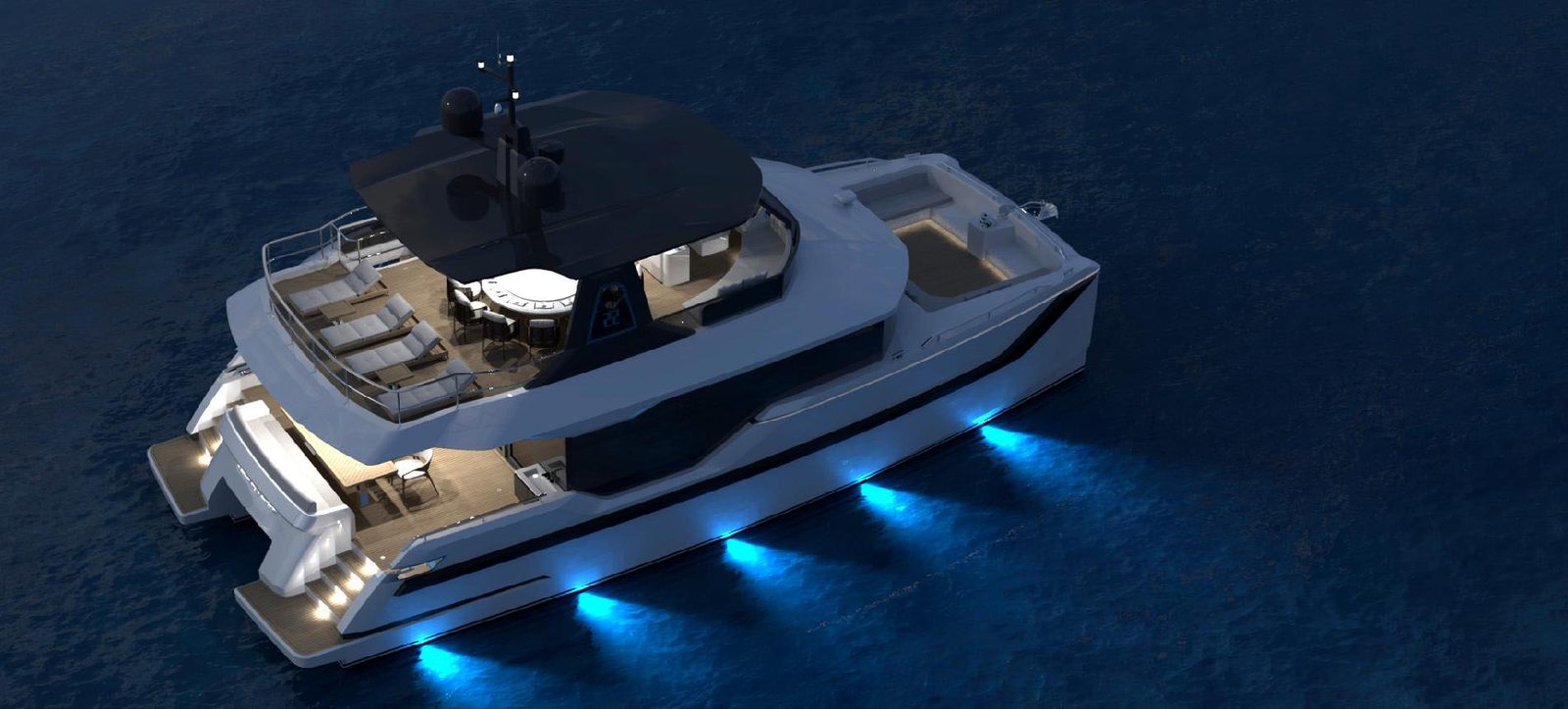 Side profile of the OBLUE 55FT catamaran